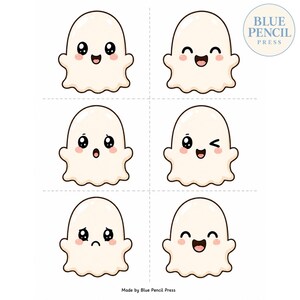 May include: A digital sheet featuring six white ghost illustrations with various facial expressions, including happy, surprised, winking, and sad faces. Each ghost has pink cheeks and black outlines. The text Blue Pencil Press appears in the corner.
