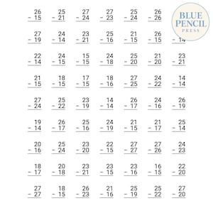 May include: A math worksheet featuring a grid of subtraction problems with two-digit numbers. The text Blue Pencil Press is printed in a blue circle in the top right corner. The page contains rows of equations arranged in columns on a white background.