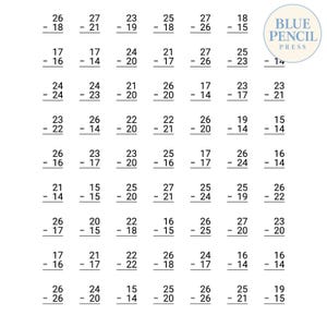 May include: A white educational worksheet featuring a grid of black two-digit subtraction problems. The text Blue Pencil Press is printed in a blue circle in the top right corner. The page contains multiple rows and columns of math equations.