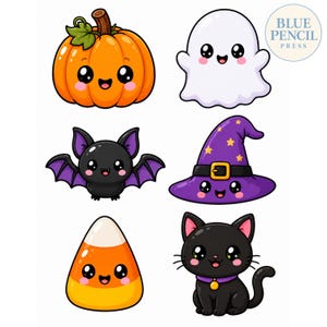 Puede incluir: Una colección de seis ilustraciones de Halloween estilo kawaii que incluye una calabaza naranja, un fantasma blanco, un murciélago negro con alas moradas, un sombrero de bruja morado con estrellas amarillas, un caramelo de maíz y un gato negro.