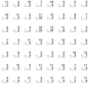 May include: A white educational worksheet featuring a grid of sixty-four black printed subtraction problems. Each problem consists of two numbers stacked vertically with a minus sign and a horizontal line, arranged in eight rows and eight columns.