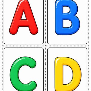 May include: Four rectangular flashcards with rounded corners and a dotted border, each displaying a single uppercase letter. The letter A is red, B is blue, C is green, and D is yellow. Each letter has a glossy, 3D-style finish with white highlights.
