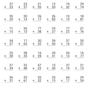 Può includere: Un foglio di esercizi didattici in bianco e nero con una griglia di quarantotto problemi di moltiplicazione a due cifre. Ogni problema è presentato con un segno di moltiplicazione, due numeri in colonna e una linea.