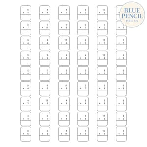May include: A white educational worksheet featuring six vertical columns of addition problems enclosed in rounded rectangular boxes. The text Blue Pencil Press appears in a circular logo at the top right corner. Each box contains two numbers stacked for addition with a blank space below for the answer.