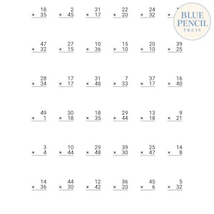 May include: A maths worksheet featuring a grid of thirty multiplication problems with two-digit numbers. The text Blue Pencil Press is printed in a blue circle in the top right corner. The layout consists of six columns and five rows of equations.
