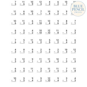 May include: A white educational worksheet featuring rows of black printed subtraction problems with numbers ranging from two to twelve. The top right corner displays a circular logo with the text Blue Pencil Press in blue ink.