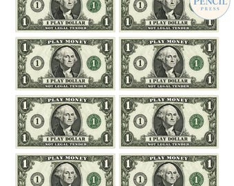 Billets de 1 dollar réalistes (recto seulement) - Argent factice à imprimer pour enfants - Jeu de rôle en classe (téléchargement PDF)