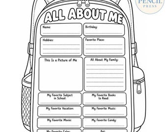 May include: A black and white line art illustration of a backpack shaped worksheet titled ALL ABOUT ME. The design includes fields for Name, Birthday, Hobbies, Favorite Place, This Is a Picture of Me, All About My Family, and various favorites. Blue Pencil Press logo is in the corner.