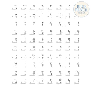 May include: A math worksheet featuring a grid of subtraction problems with numbers ranging from one to twelve. The text Blue Pencil Press is printed in a blue circle in the top right corner. The page contains black text on a white background.