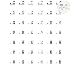 Op de afbeelding: Een wiskundewerkblad met een raster van vermenigvuldigsommen met twee cijfers, gerangschikt in zes kolommen en zeven rijen. De tekst BLUE PENCIL PRESS staat in een cirkelvormig blauw logo in de rechterbovenhoek.