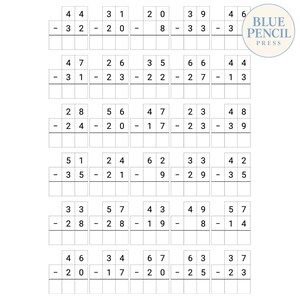 May include: A math worksheet featuring twenty-five subtraction problems arranged in five rows and five columns. Each problem is presented in a grid format with empty boxes for answers. The text BLUE PENCIL PRESS appears in a circle at the top right.