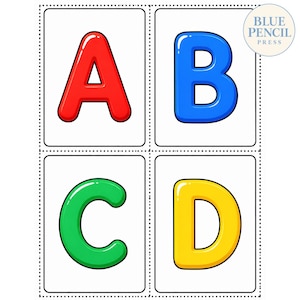 May include: Four rectangular flashcards arranged in a grid, each featuring a single bold letter. The top left card shows a red letter A, the top right a blue letter B, the bottom left a green letter C, and the bottom right a yellow letter D. A circular logo in the top right corner reads BLUE PENCIL PRESS.