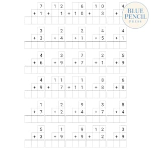 May include: A math worksheet featuring five rows of five addition problems each, with empty boxes for answers below each equation. The page includes the Blue Pencil Press logo in the top right corner, with black text on a white background.
