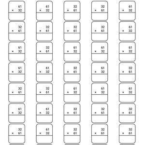 May include: A grid of forty white rectangular cards with rounded corners, each containing a black multiplication problem. The problems consist of the numbers 32 and 61 arranged in various vertical orientations, such as 32 times 61 or 61 times 32.