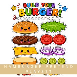 Könnte beinhalten: Ein farbenfrohes "Build Your Burger" Spielset mit illustrierten Burger-Komponenten, darunter Brötchen, ein Patty, Käse, Salat, Tomatenscheiben, Zwiebelringe und Gurken. Der Text "Build Your Burger!" steht oben, und "Hamburger Pretend Playset" steht unten.