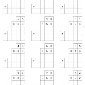 May include: A worksheet featuring twelve multiplication problems arranged in a grid format. Each problem displays two-digit numbers stacked for multiplication, with a plus sign indicating space for addition below the multiplication lines.