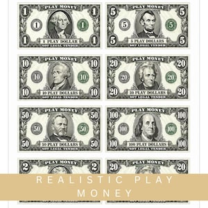 May include: A collection of play money bills featuring portraits of historical figures. The bills are in various denominations, including 1, 5, 10, 20, 50, and 100 play dollars. Each bill is labeled "PLAY MONEY" and "NOT LEGAL TENDER".