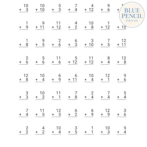 May include: A black and white educational worksheet featuring a grid of vertical addition problems with single and double-digit numbers. The top right corner displays a circular logo with the text Blue Pencil Press in a clean, sans-serif font.