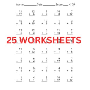 Arbetsbok för addition för första klass, ensiffriga och tvåsiffriga övningar, faktaövning, hemundervisning, matematik för grundskolan, 25 utskrivbara arbetsblad, PDF-nedladdning