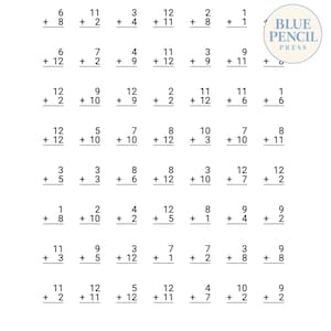 May include: A white educational worksheet featuring a grid of black printed addition problems with numbers ranging from one to twelve. The top right corner displays a circular logo with the text Blue Pencil Press in blue and black ink.