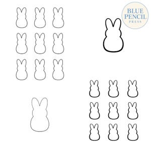 May include: A digital graphic featuring two sets of nine small black-outlined bunny silhouettes arranged in a grid, alongside two larger individual bunny outlines. A circular logo in the top right corner contains the text Blue Pencil Press.