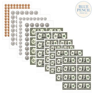 Op de afbeelding: Een verzameling printbare vellen met speelgeld en munten. De vellen bevatten koperkleurige pennies, zilverkleurige nickels, dimes en quarters, naast rechthoekige speelbiljetten in coupures van 1, 5, 10, 20, 50 en 100 dollar.