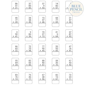 May include: A grid of thirty vertical rectangular cards, each containing three stacked numbers for addition practice. The cards feature black text on a white background. A circular logo in the top right corner displays the text Blue Pencil Press.