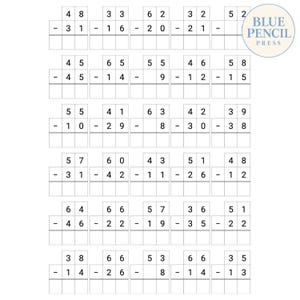 May include: A printable worksheet featuring twenty-five two-digit subtraction problems arranged in a grid. Each problem includes a subtraction sign and empty boxes for the answer. The text Blue Pencil Press appears in a circle in the top right.