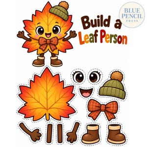 Puede incluir: Un set de manualidades Build a Leaf Person con un personaje de hoja de arce de dibujos animados con gorro verde, botas marrones y pajarita a cuadros. El set incluye una hoja naranja grande, ojos, boca, gorro, pajarita, brazos y botas con líneas.