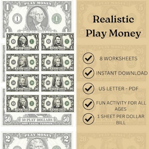 Può includere: Un set digitale di denaro giocattolo realistico con varie denominazioni di dollari statunitensi, ritratti e il testo Play Money Not Legal Tender. Il documento include 8 fogli di lavoro, download istantaneo e formato PDF.