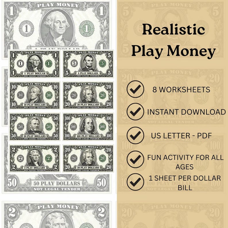 Peut inclure: Une collection de billets de monnaie fictive imprimables en coupures de 1, 2, 5, 10, 20, 50 et 100 dollars. Le texte Realistic Play Money, 8 Worksheets, Instant Download, US Letter - PDF, Fun Activity For All Ages et 1 Sheet Per Dollar Bill est visible.