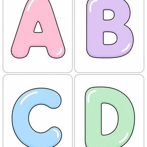 May include: Four rectangular cards featuring large, rounded, bubble-style letters. The top left card displays a pink letter A, the top right a purple letter B, the bottom left a light blue letter C, and the bottom right a light green letter D.