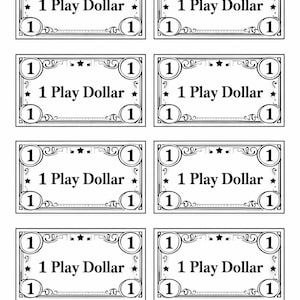 Puede incluir: Una hoja de ocho billetes de dinero de juego, cada uno con un diseño en blanco y negro. Los billetes rectangulares tienen bordes ornamentados, el número "1" en cada esquina y el texto "1 Play Dollar" en el centro.