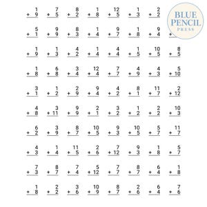 Puede incluir: Una hoja de ejercicios educativa blanca que presenta una cuadrícula de problemas de suma en negro con números de uno y dos dígitos. La esquina superior derecha muestra un logotipo circular con el texto Blue Pencil Press en azul y blanco.