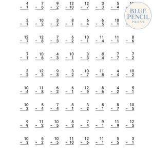 May include: A math worksheet featuring a grid of vertical subtraction problems with numbers ranging from one to twelve. The top right corner displays a circular logo with the text Blue Pencil Press in blue and black ink on a white background.