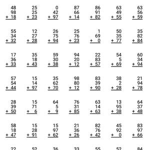 May include: A black and white educational worksheet featuring a grid of fifty-six triple-digit addition problems. Each column contains three numbers stacked vertically with a plus sign before the bottom number and a horizontal line underneath.