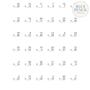 Può includere: Un foglio di esercizi educativo bianco che presenta una griglia di moltiplicazioni in nero con numeri a due cifre. L'angolo in alto a destra mostra un logo circolare con il testo Blue Pencil Press. Il layout è organizzato in sei righe e sei colonne.