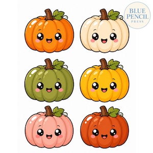 Puede incluir: Seis calabazas de dibujos animados dispuestas en dos columnas, cada una con un tallo marrón, una hoja verde y una cara sonriente con grandes ojos negros. Las calabazas son naranja, crema, verde oliva, amarillo, rosa claro y naranja oscuro. Texto BLUE PENCIL PRESS.