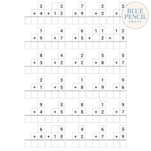 May include: A printable math worksheet featuring thirty addition problems arranged in six rows of five. Each problem consists of two numbers stacked vertically with a plus sign and empty boxes below for the sum. The Blue Pencil Press logo is visible.