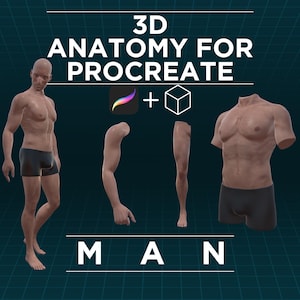 Może przedstawiać: Cyfrowy model anatomiczny 3D postaci ludzkiej w czarnych szortach, zawierający widok całej sylwetki, oddzieloną rękę, oddzieloną nogę oraz tułów. Tekst głosi 3D ANATOMY FOR PROCREATE, ikona Procreate, znak plusa, ikona sześcianu oraz napis MAN.