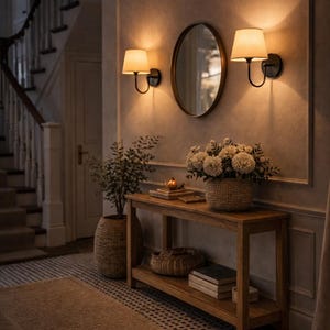 Peut inclure: Une entrée chaleureuse avec une console en bois, un panier de fleurs tressé et une plante en pot. Deux appliques murales encadrent un miroir rond. Un escalier et un sol à motifs ajoutent de la profondeur.