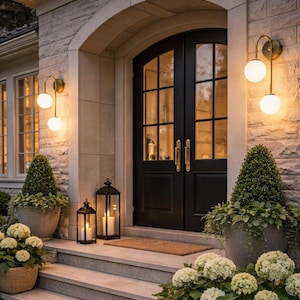Peut inclure: Vue extérieure de l'entrée d'une maison avec une double porte noire et des poignées dorées, encadrée de lampes murales à globe. Des marches en pierre mènent à la porte, avec des plantes en pot et des lanternes créant une ambiance accueillante. La scène est éclairée par une lumière chaude.
