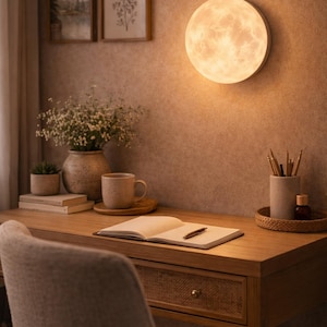 Peut inclure: Ambiance chaleureuse dans un bureau à domicile avec une lampe murale en forme de lune. Le bureau en bois comprend un ordinateur portable, un stylo et une tasse. Des éléments décoratifs incluent un vase avec des fleurs et des œuvres encadrées.