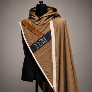 May include: A brown hooded cloak with a quilted shoulder panel. The panel features the number "1138" in silver lettering, a black stripe, and a white stripe. A brown leather strap crosses the shoulder.