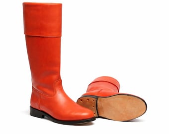 手作りオレンジレザーライディングブーツユニセックスカスタム