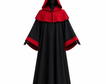 Crimson Shadow Hooded Cloak, Black Red Gothic Cape, Custom Cosplay Robe, Long Hooded Cloak, LARP Halloween Costume