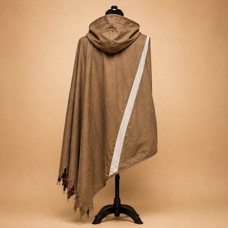 May include: A brown hooded cloak with a white stripe down the back, displayed on a black mannequin. The cloak has a unique, tattered edge design. The cloak is made of a soft, draping fabric.