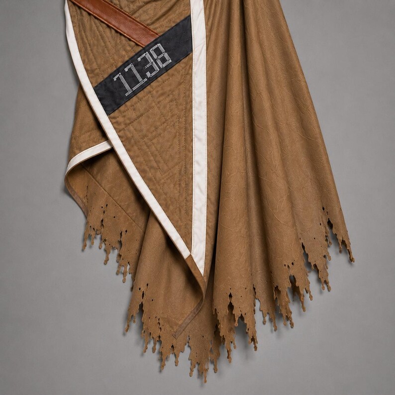 May include: A brown textile cape with a distressed, textured appearance. The cape features a white stripe and a black band with the text "1138". The edges are cut with a decorative, jagged pattern, and a brown leather strap is visible.