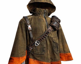 Adventure Inspired Hooded Utility Jacket with Leather Strap Pouches Rustic Explorer Canvas Jacket