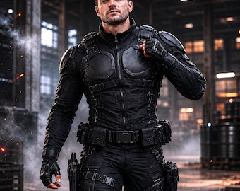 May include: A person wearing a black tactical suit with a zip-up jacket, shoulder armor, and multiple pouches and belts. The suit includes gloves and is paired with black pants. A gun is holstered on the leg. The background is an industrial setting.